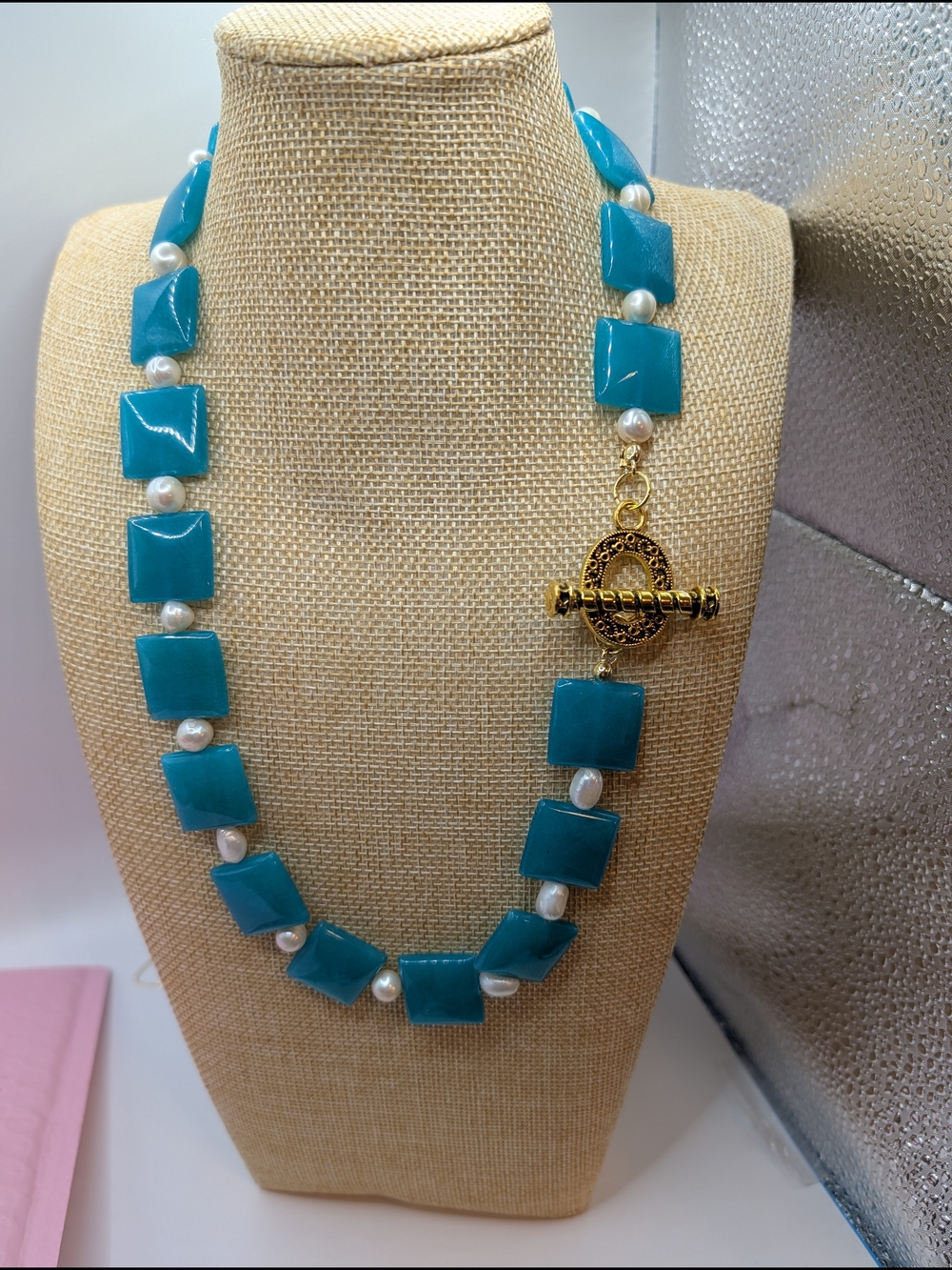 Teal Square Bead Necklace with Gold Toggle - Women Jewelry